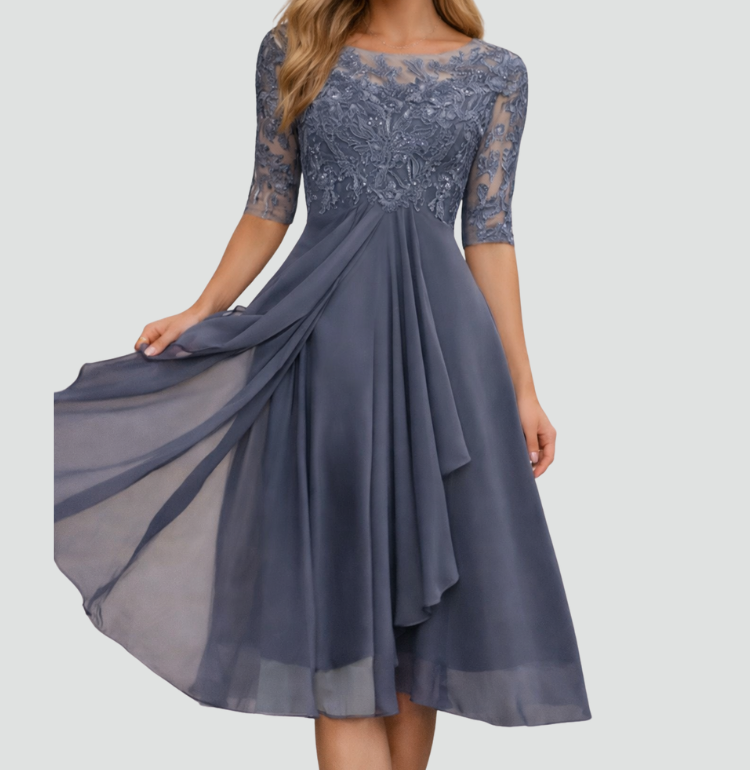 Women's Lace Bodice Midi Dress – Chiffon A-Line Party Dress