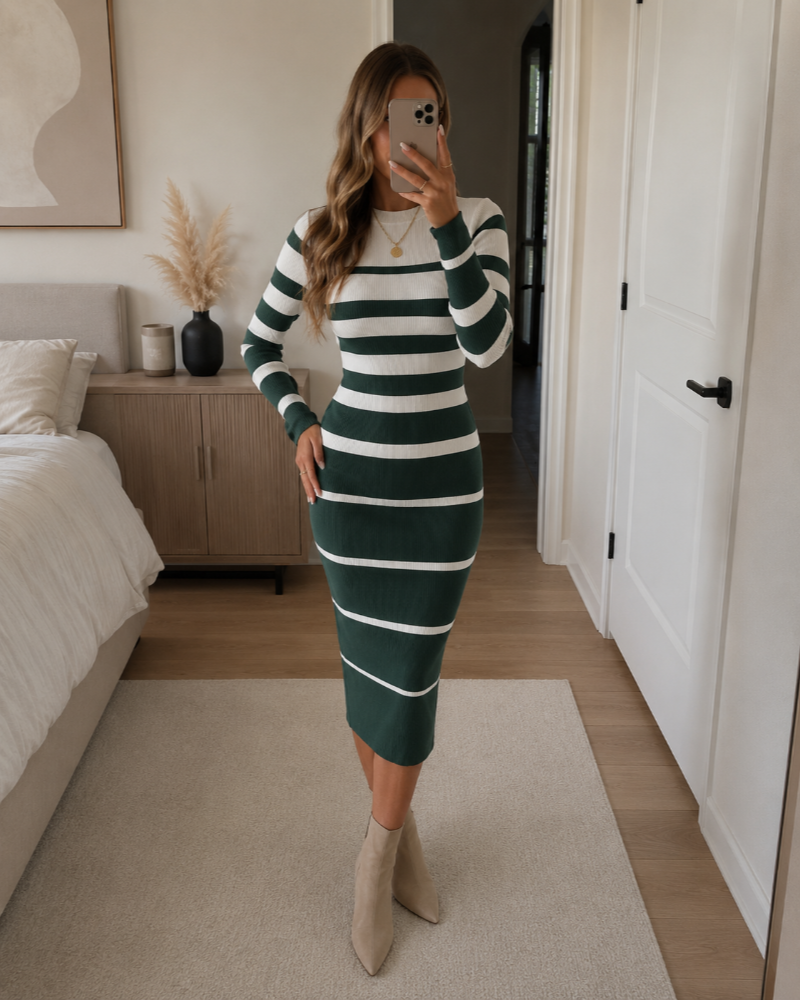 Women's Striped Knit Jumper Dress – Fitted Long Sleeve