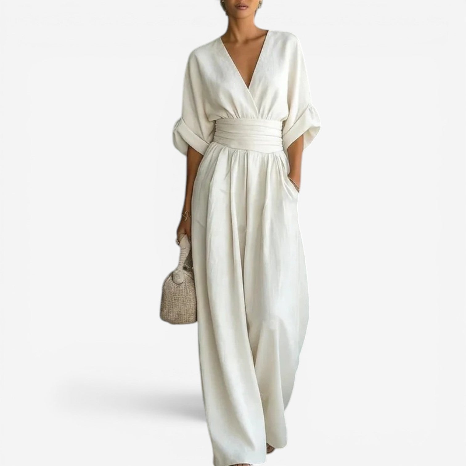 Women's Wide Leg Jumpsuit – V-Neck Belted Occasion