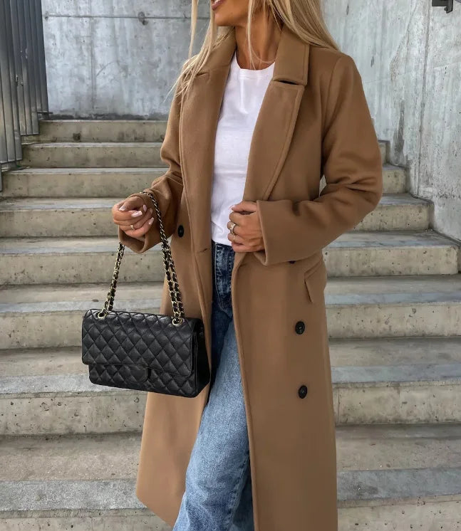 Women's Belted Wool-Blend Long Coat – Light Brown
