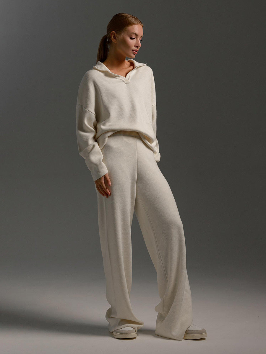 Women's Knit Polo Jumper & Wide Leg Trousers Set
