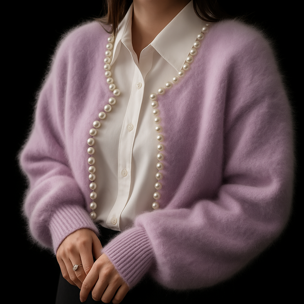 Women's Fluffy Knit Cardigan – Pearl-Trim Cropped Cardigan