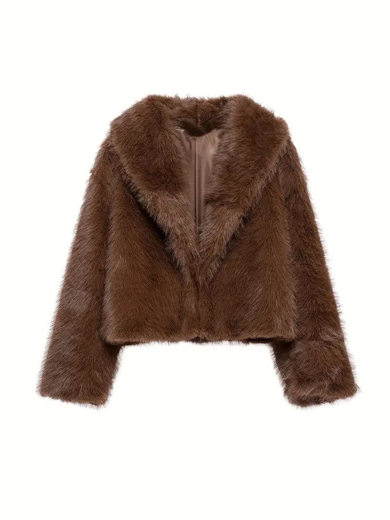 Women's Faux Fur Jacket – Oversized Collar Cropped Coat