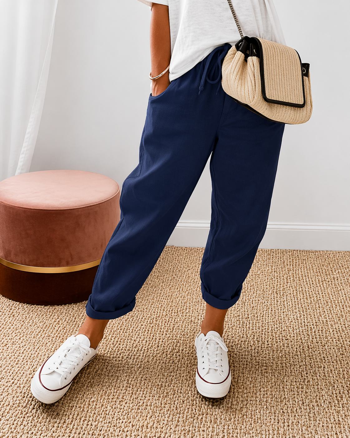 Women's Linen Jogger Trousers – Drawstring Tapered Fit