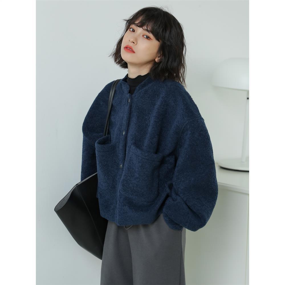 Women's Navy Boucle Jacket – Collarless Crop