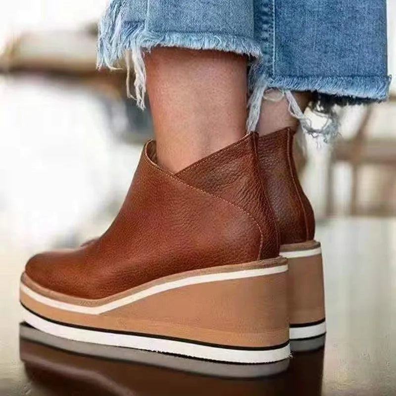 Women's Wedge Platform Ankle Boots - Side Zip