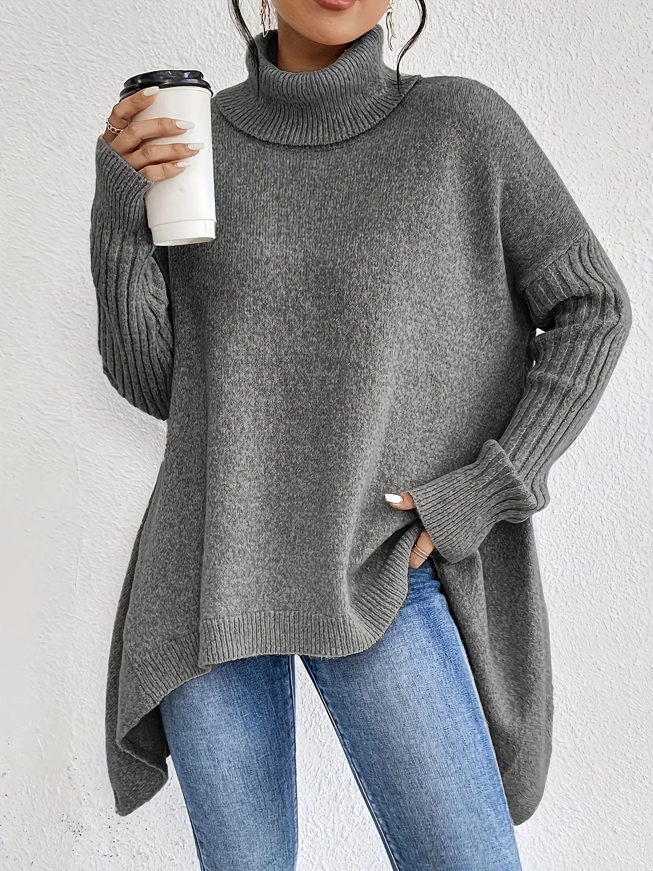 Women's Oversized Knit Turtleneck Jumper – Asymmetric Hem