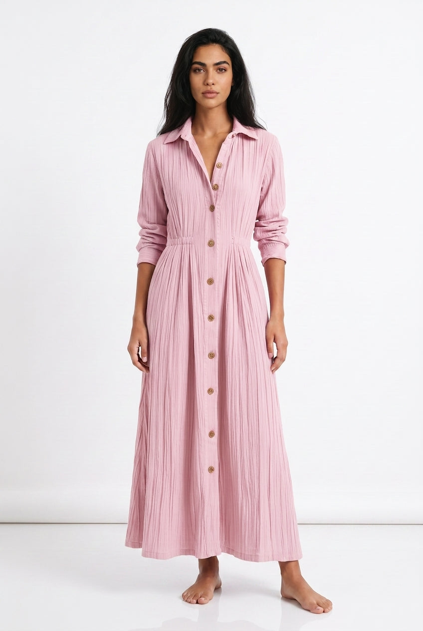 Women's Button-Front Maxi Shirt Dress – A-Line Long Sleeve