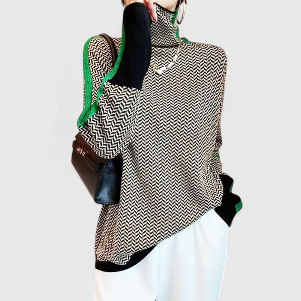 Women's Herringbone Knit Jumper – Colour-Block Roll Neck Sweater