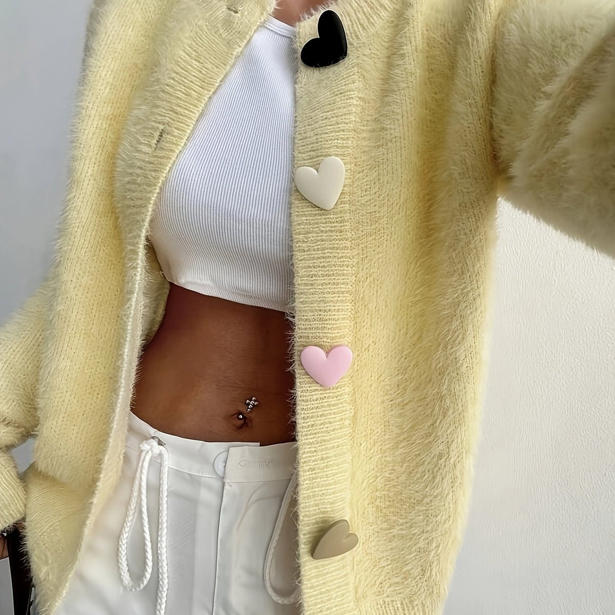 Women's Fluffy Cropped Cardigan with Heart Buttons