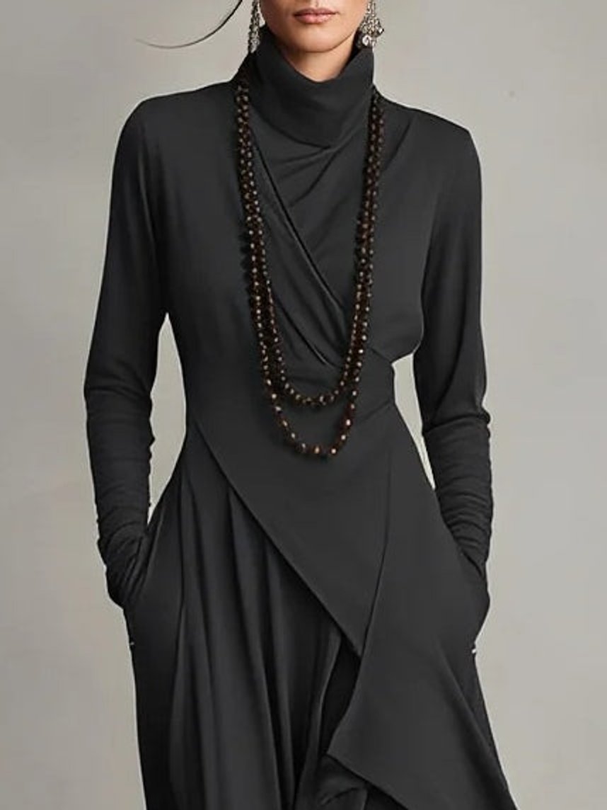 Women's Turtleneck Maxi Dress – Draped Asymmetric Hem