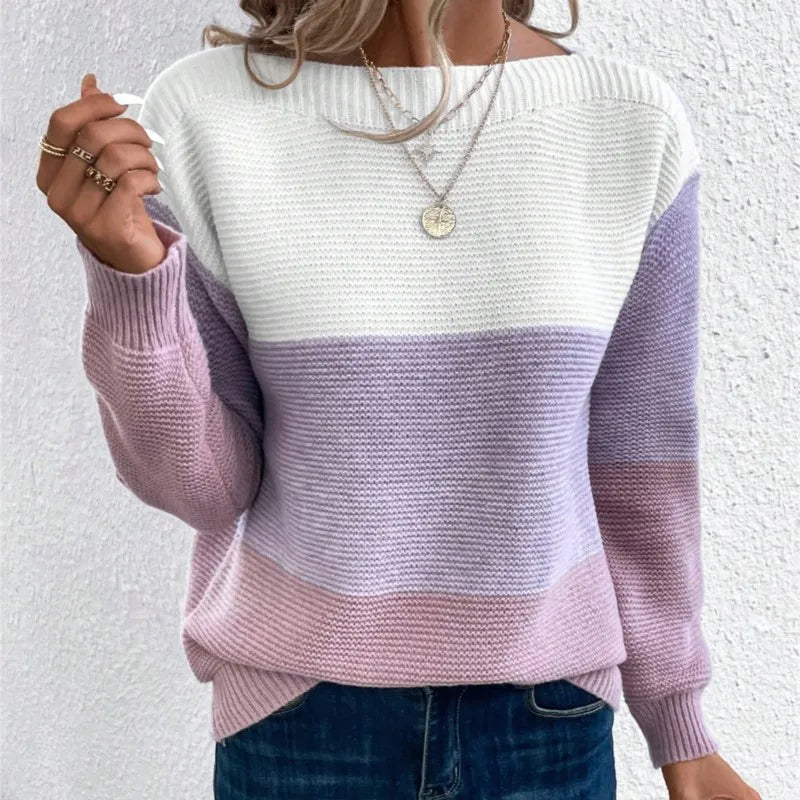 Women's Colour-Block Knit Jumper – Boat Neck Ribbed Trim