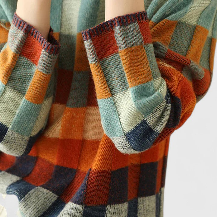 Women's Checkered Mock Neck Jumper – Colourblock Knit Sweater