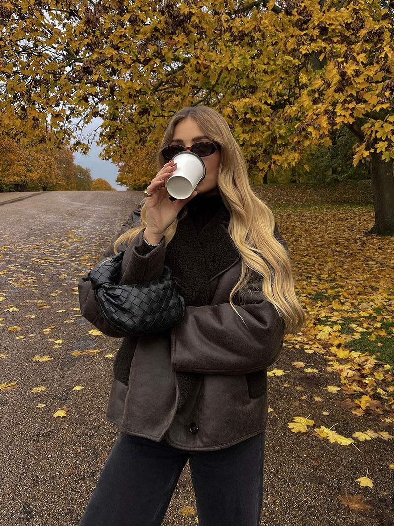 Women's Brown Faux Leather Jacket – Shearling Collar Coat