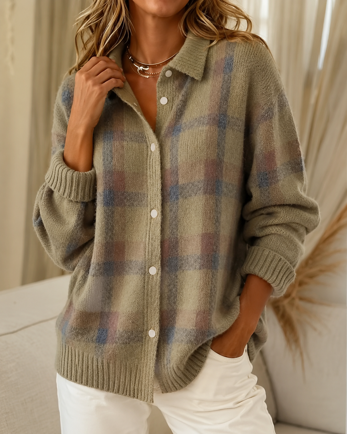 Women's Plaid Knit Cardigan – Button-Up Shacket Top