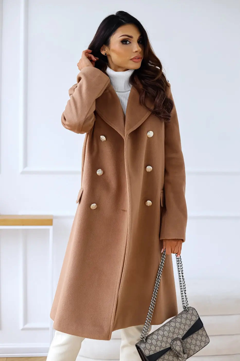 Women's Double-Breasted Wool Coat – Tailored Longline Winter Coat
