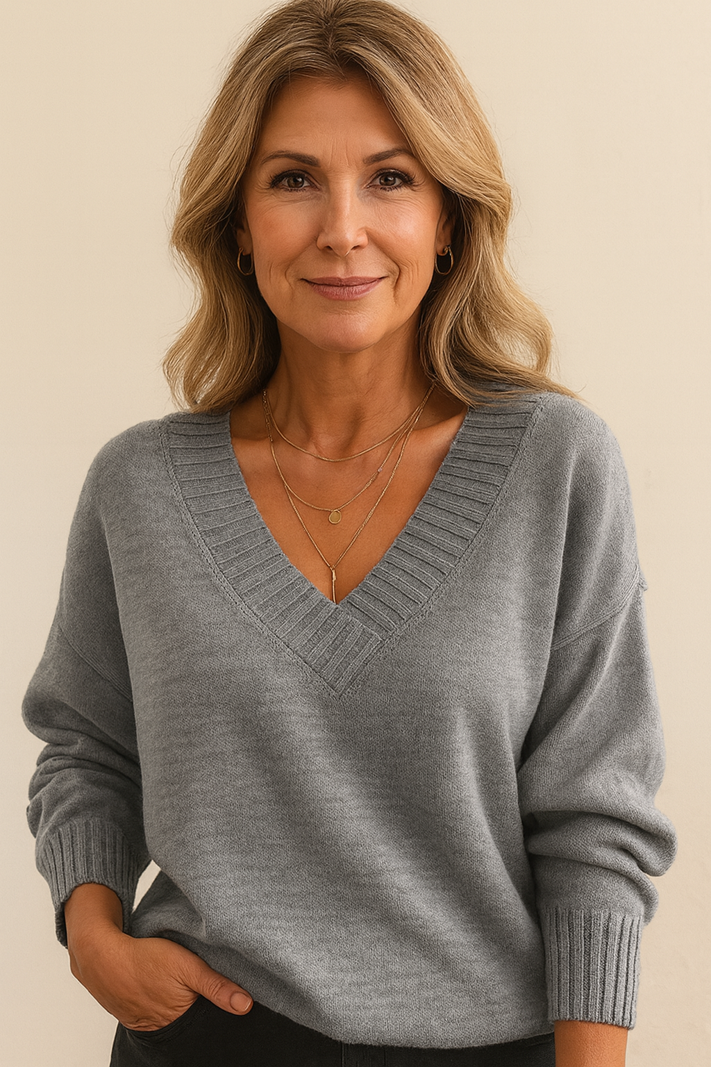 Women's Deep V-Neck Ribbed Collar Jumper – Relaxed Knit