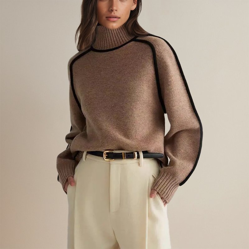 Women's Colour-Block Roll Neck Jumper – Contrast Trim Knit
