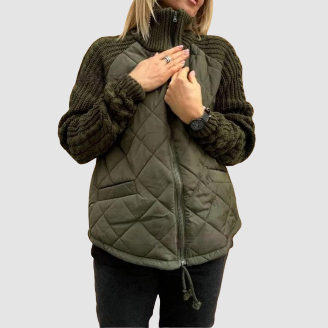 Women's Quilted Patchwork Jacket – Knit Sleeve Puffer Coat