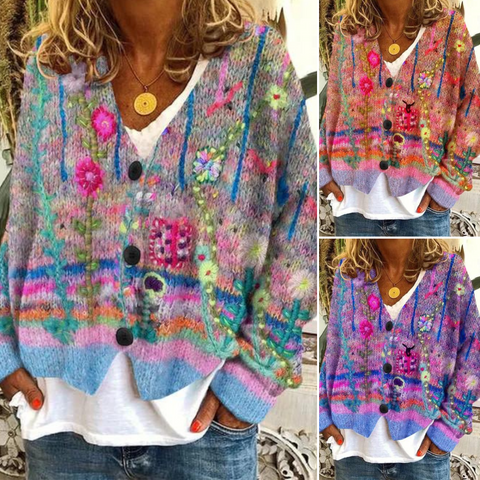 Women's Floral Print Knit Cardigan - V-Neck