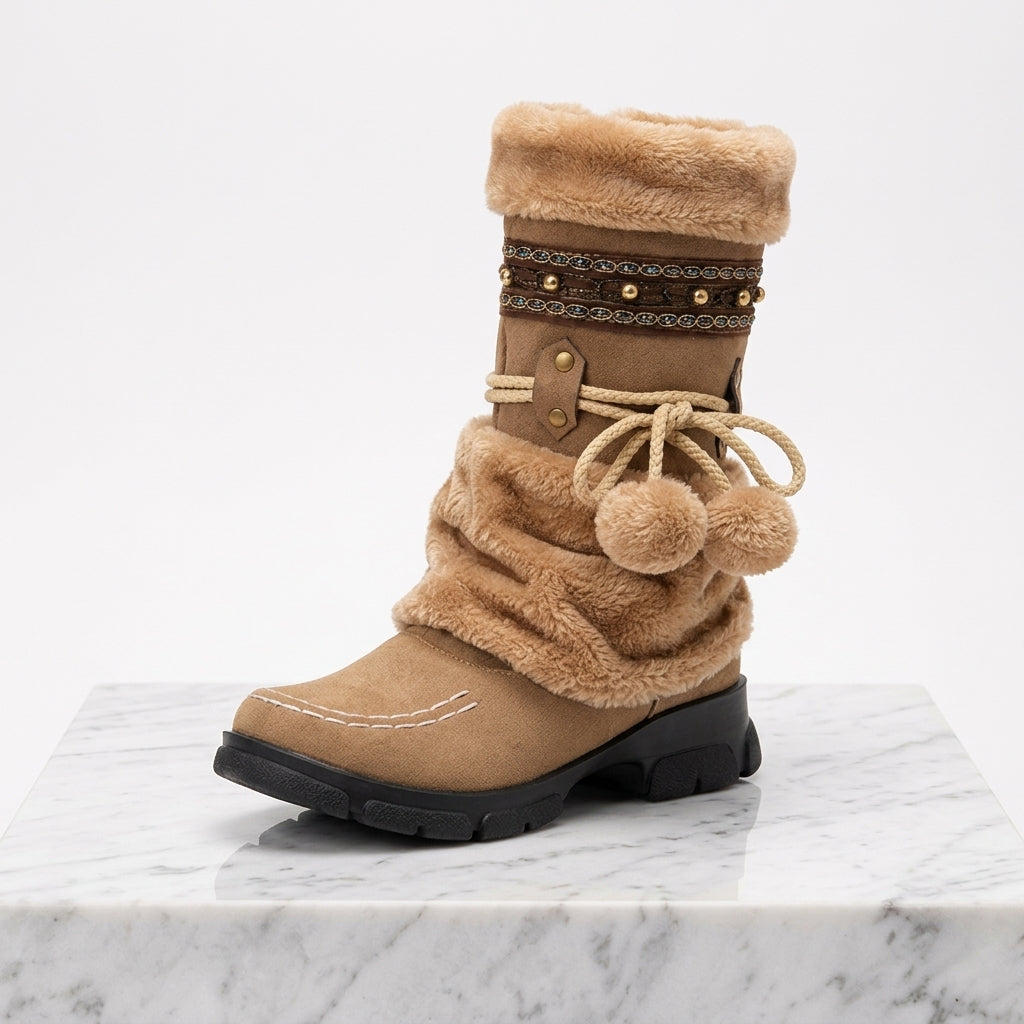 Women's Faux Fur Mid-Calf Winter Boots with Beaded Trim