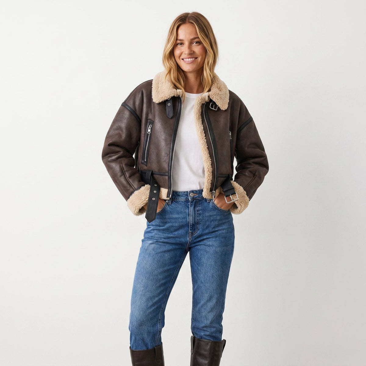 Women's Shearling Trim Cropped Bomber Jacket – Belted Aviator