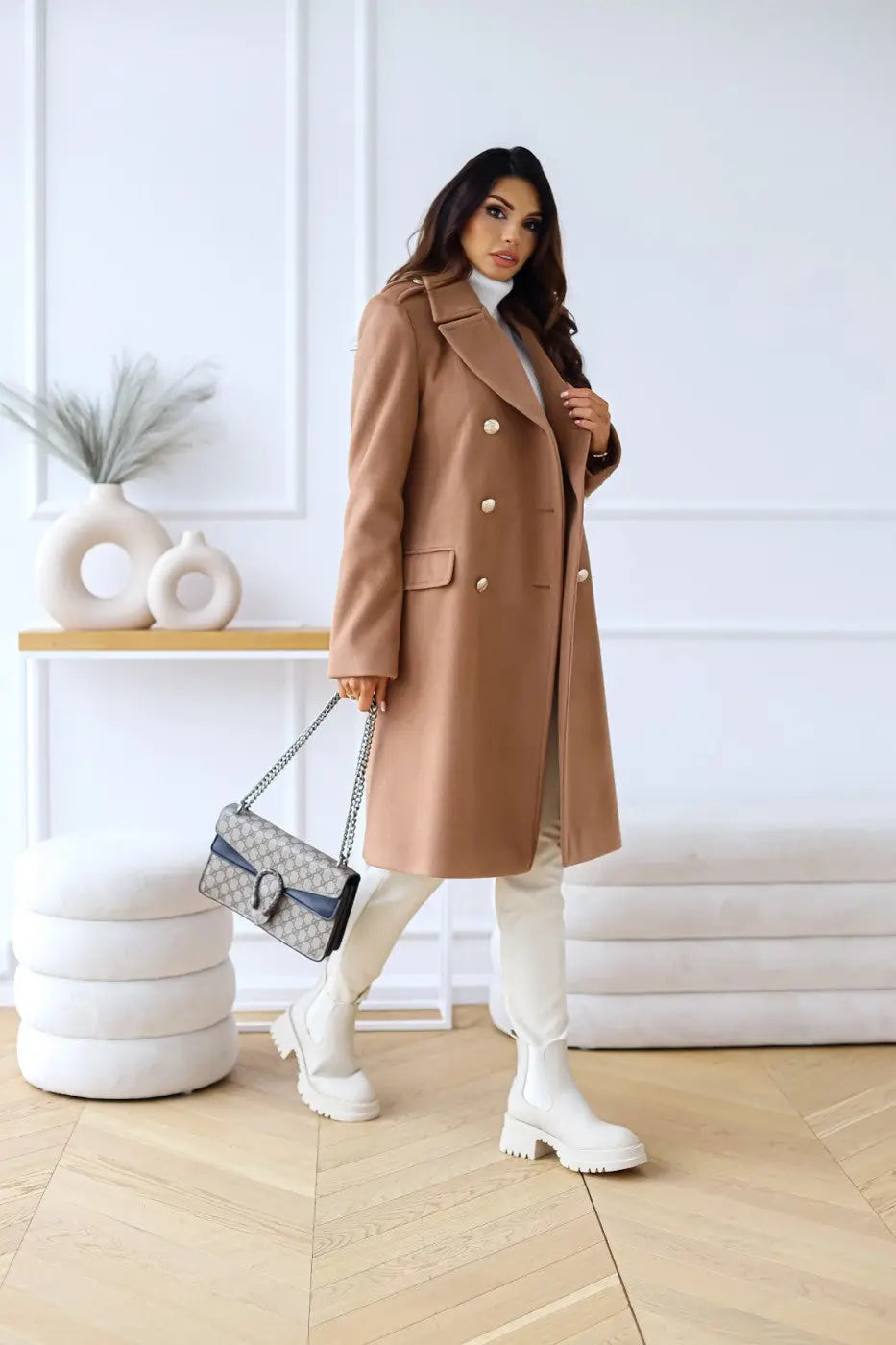 Women's Double-Breasted Wool Coat – Tailored Longline Winter Coat