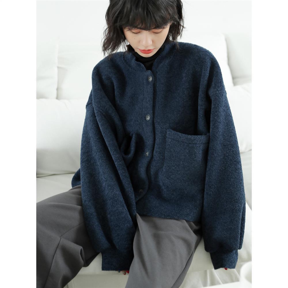 Women's Navy Boucle Jacket – Collarless Crop