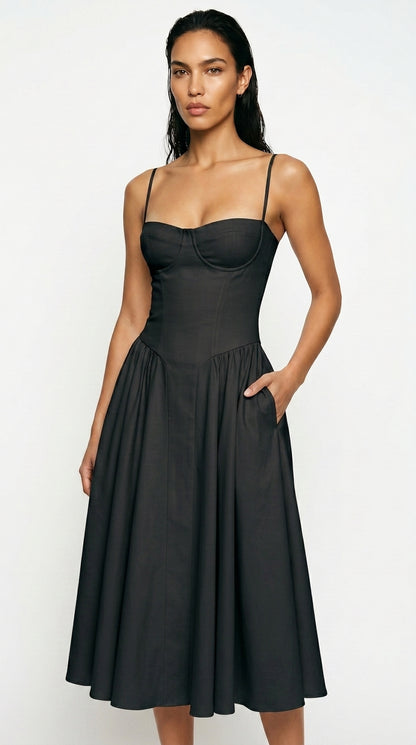 Women's Corset Midi Dress – Square Neck A-Line Dress with Pockets