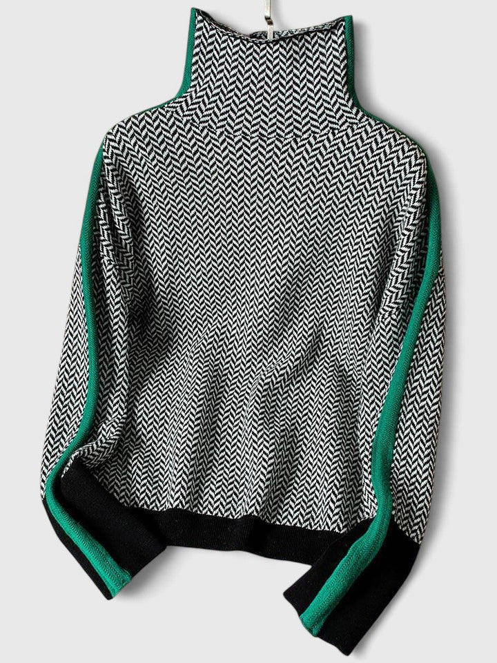 Women's Herringbone Knit Jumper – Colour-Block Roll Neck Sweater