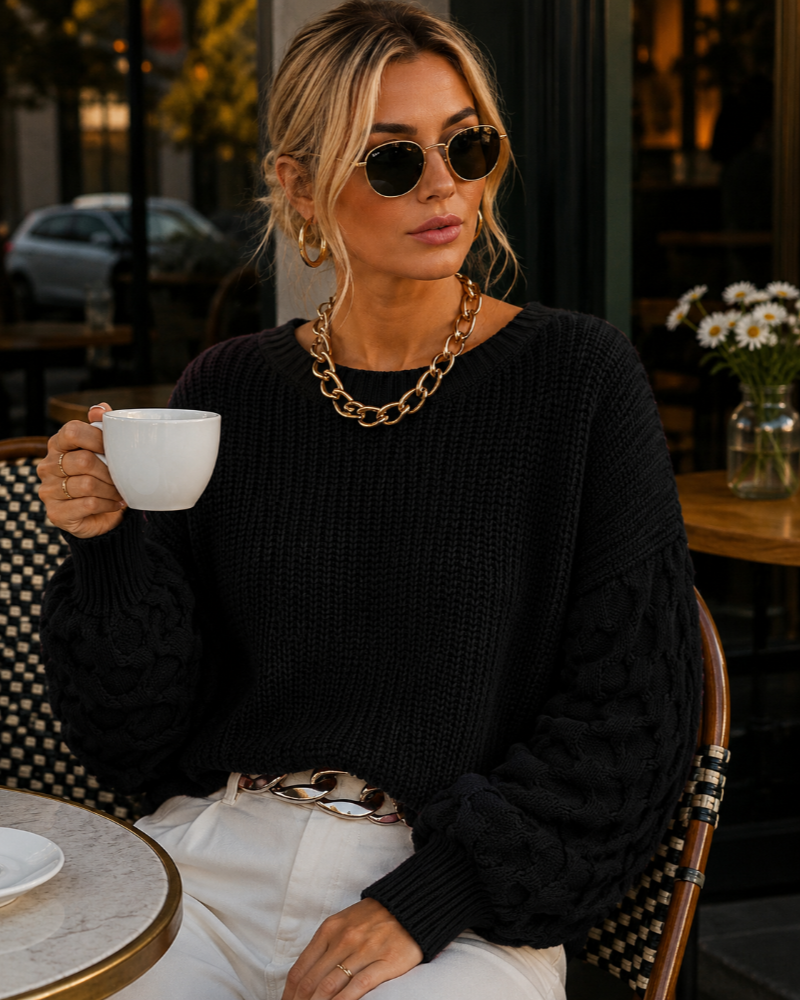 Women's Chunky Knit Jumper – Bubble Sleeve Round Neck