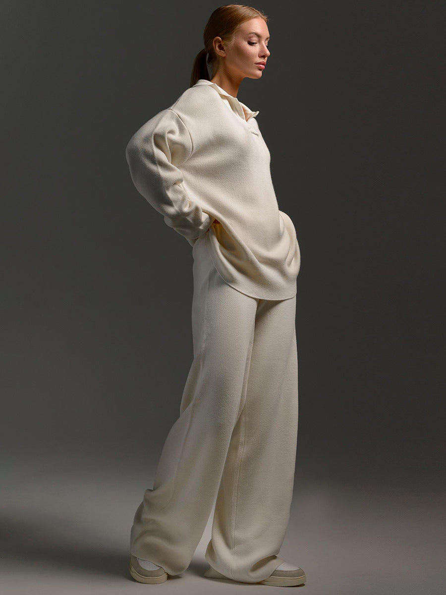 Women's Knit Polo Jumper & Wide Leg Trousers Set