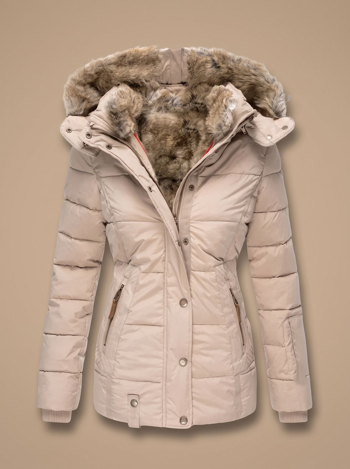 Women's Faux Fur Hood Quilted Puffer Coat – Beige