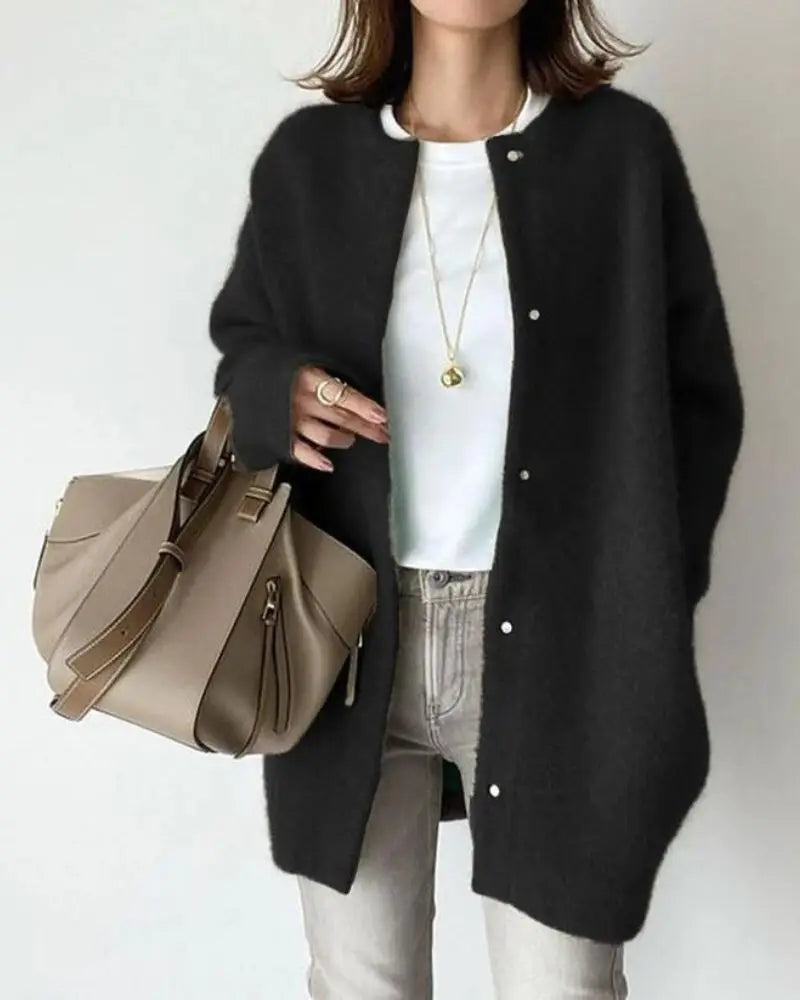 Women's Fluffy Knit Cardigan – Oversized Button-Front