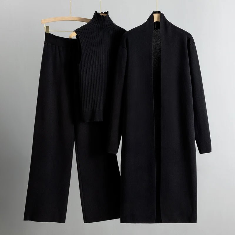 Women's Knit Co-ord Set – Longline Cardigan, Jumper & Wide Leg Trousers