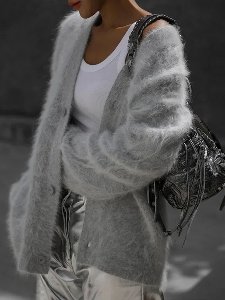 Women's Fluffy Knit Cardigan with Button Front
