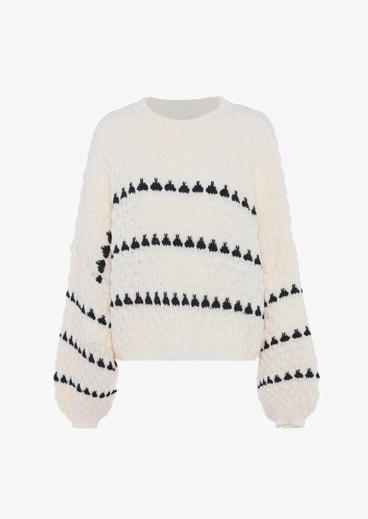 Women's Cream Textured Knit Jumper – Balloon Sleeve Geometric