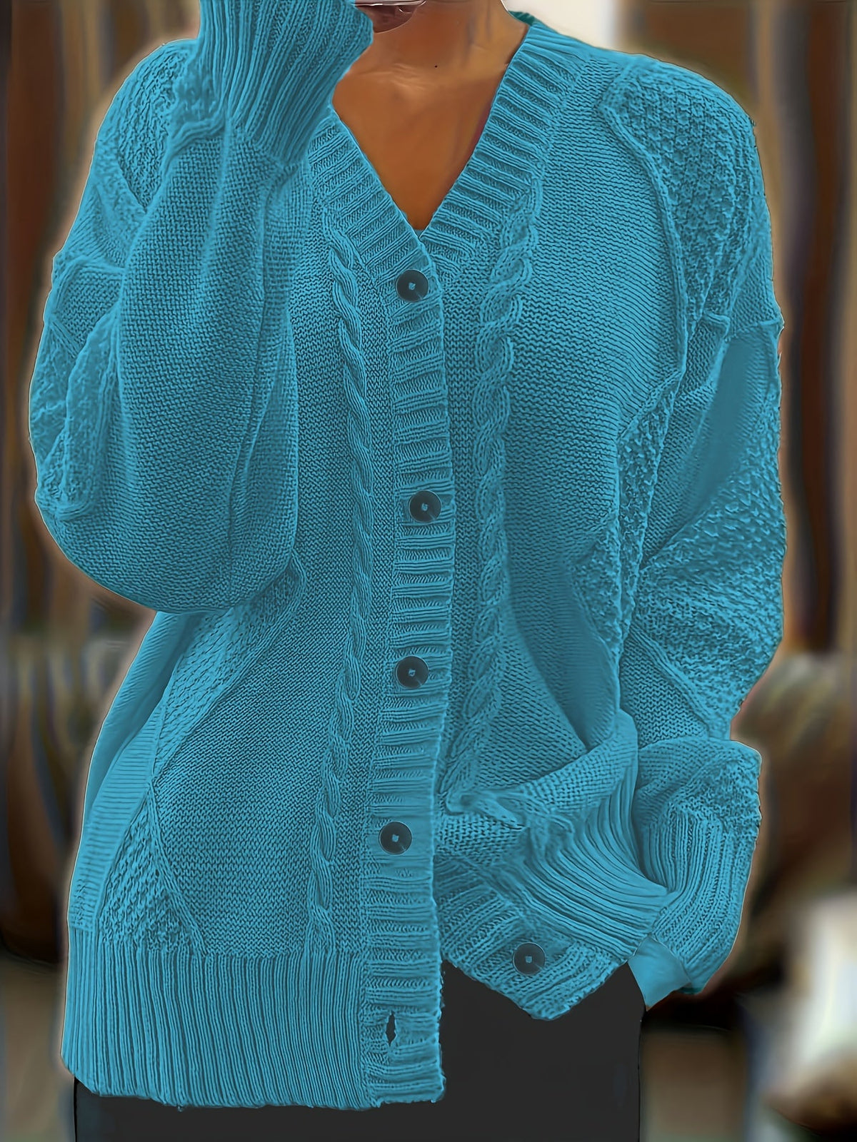 Women's Cable Knit Button-Front Cardigan Oversized Textured