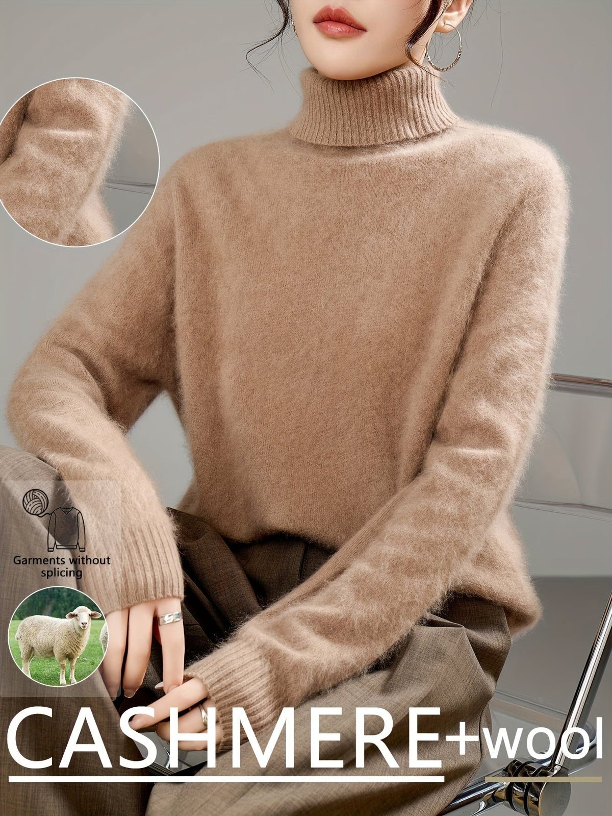 Women's Brushed Soft Turtleneck Jumper – Wool Blend Knit