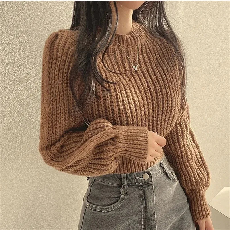 Women's Cream Cropped Chunky Knit Jumper – Lantern Sleeve