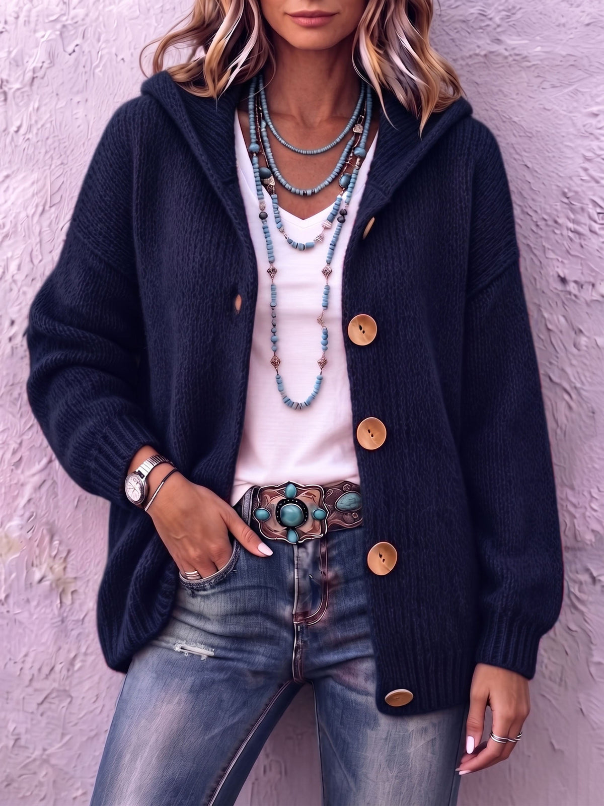 Women's Hooded Knit Cardigan - Button-Front