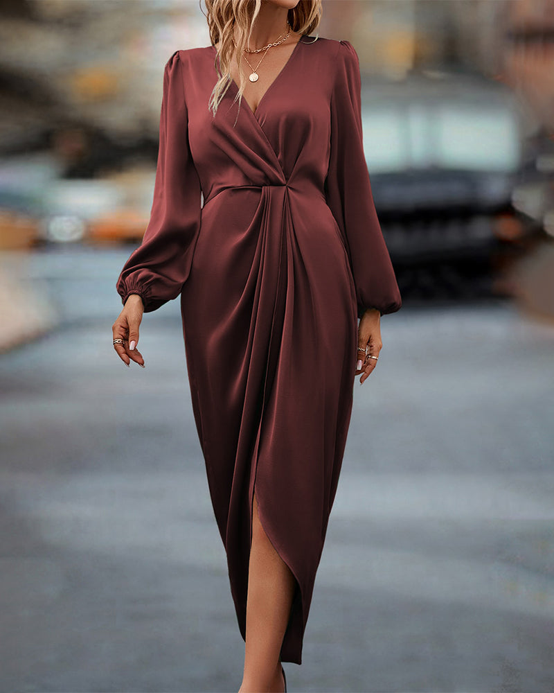 Women's Satin Wrap Midi Dress – V-Neck Twist Waist