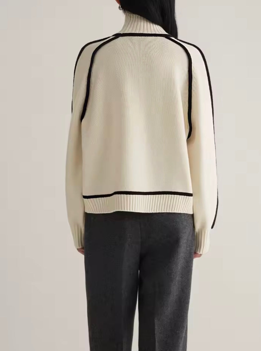 Women's Colour-Block Roll Neck Jumper – Contrast Trim Knit