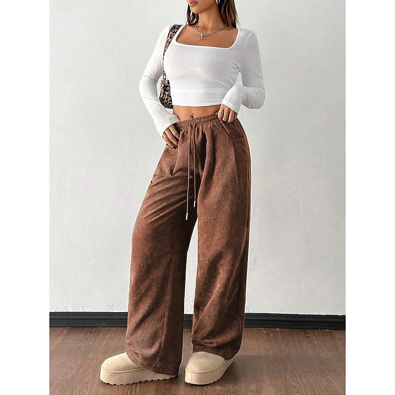 Women's Corduroy Wide Leg Trousers with Drawstring Waist