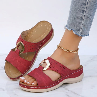 Women's Wedge Sandals – Buckle Detail, Cut-Out Slip-On Mules