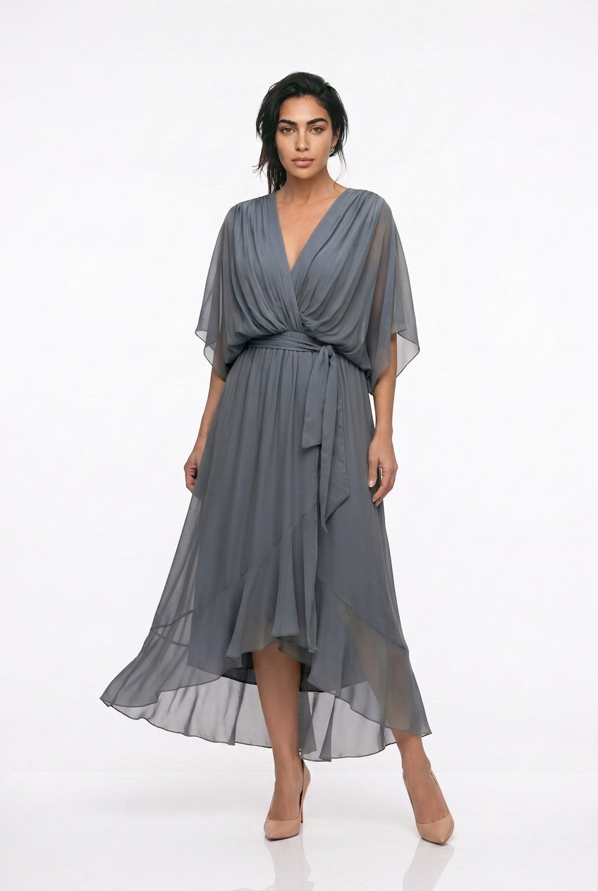 Women's Chiffon Wrap Midi Dress – V-Neck Kimono Sleeve