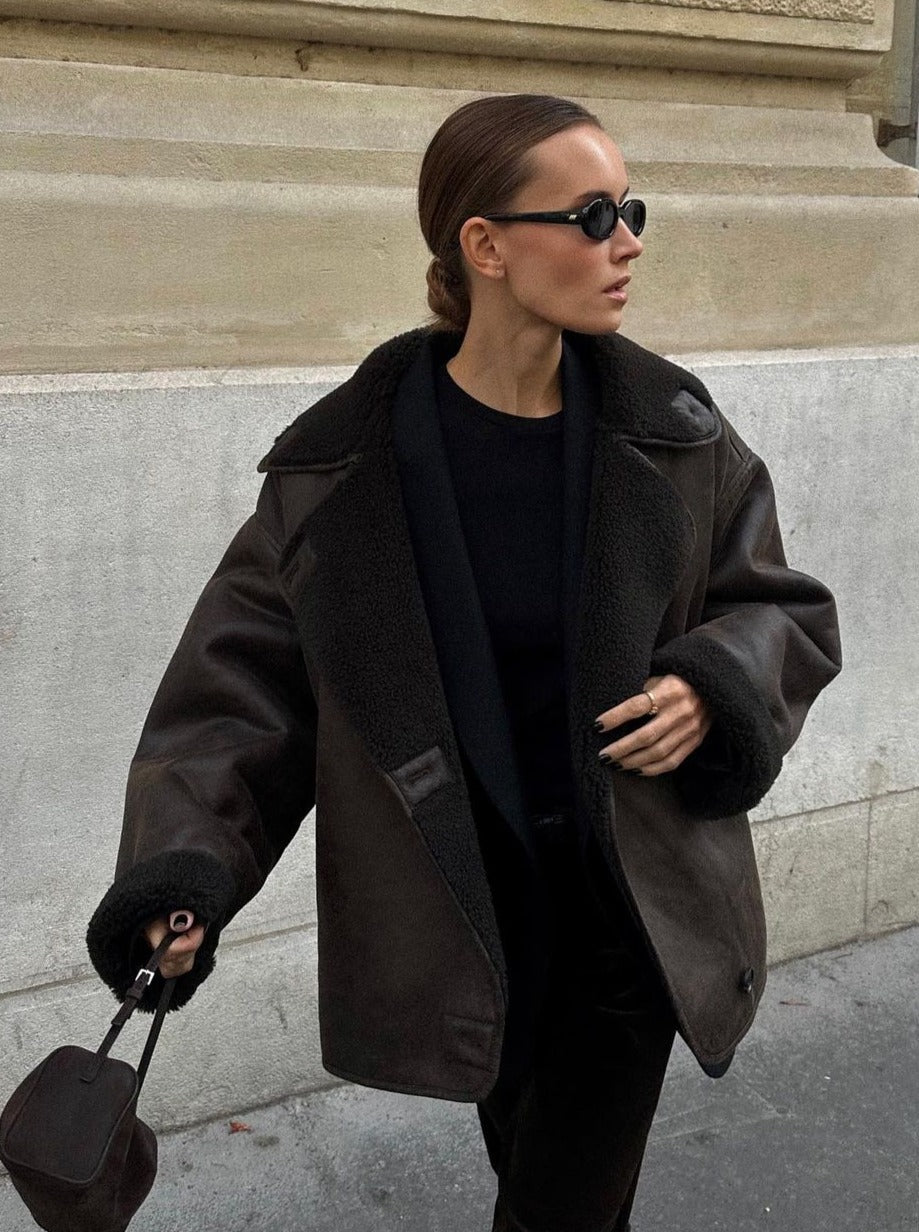 Women's Vintage Shearling-Collar Leather Jacket