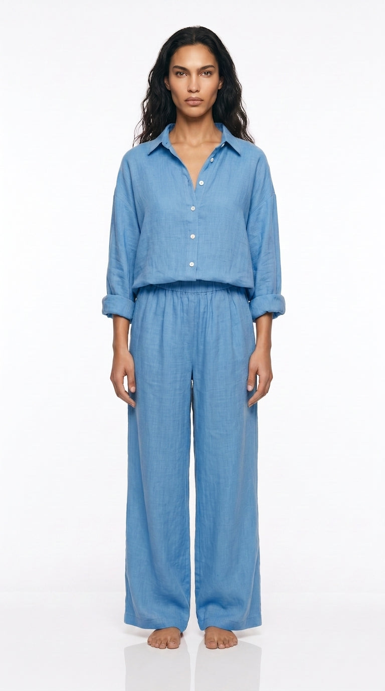 Women's Linen Co-ord Set – Oversized long  Shirt & Wide Leg Trousers