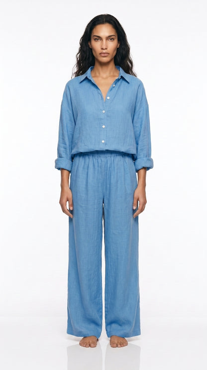 Women's Linen Co-ord Set – Oversized long  Shirt & Wide Leg Trousers