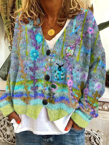 Women's Floral Print Knit Cardigan - V-Neck